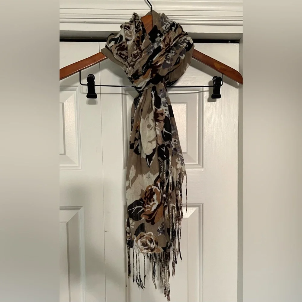 Neutral Taupe Floral Scarf with Fringe | Elegant Fall Wrap EUC 28